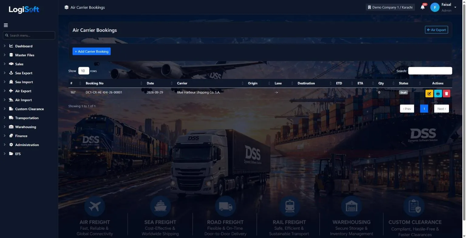 LogiSoft Air Export carrier bookings