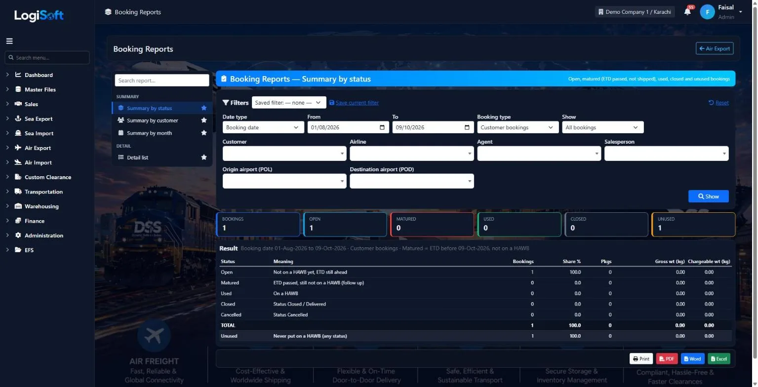 LogiSoft Air Export booking reports