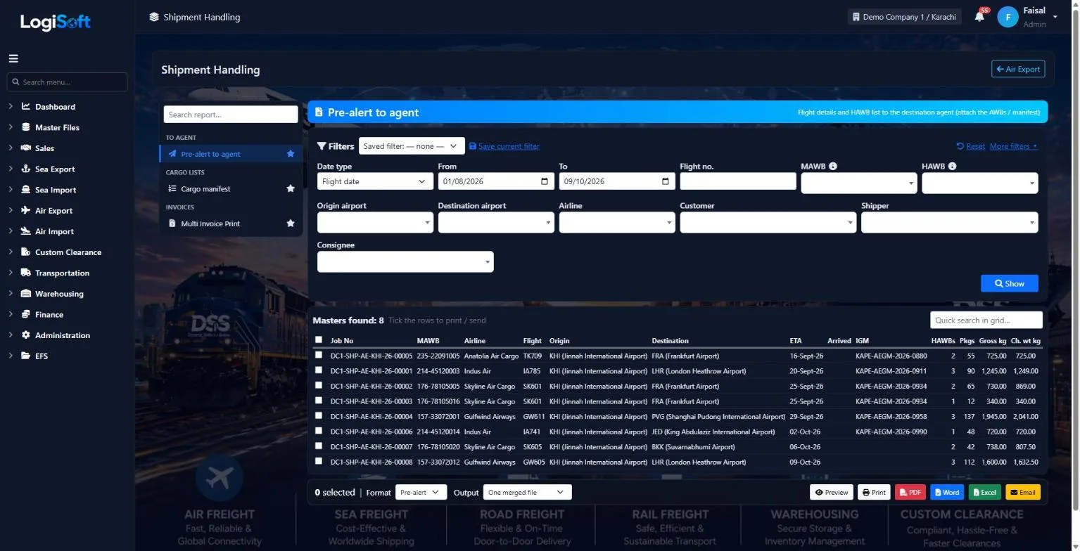 LogiSoft Air Export pre-alert screen with MAWBs ready to send to the agent