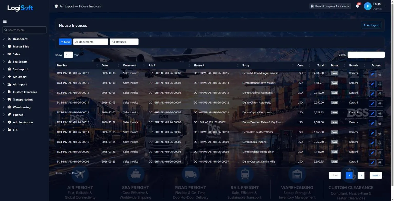 LogiSoft Air Export house invoices