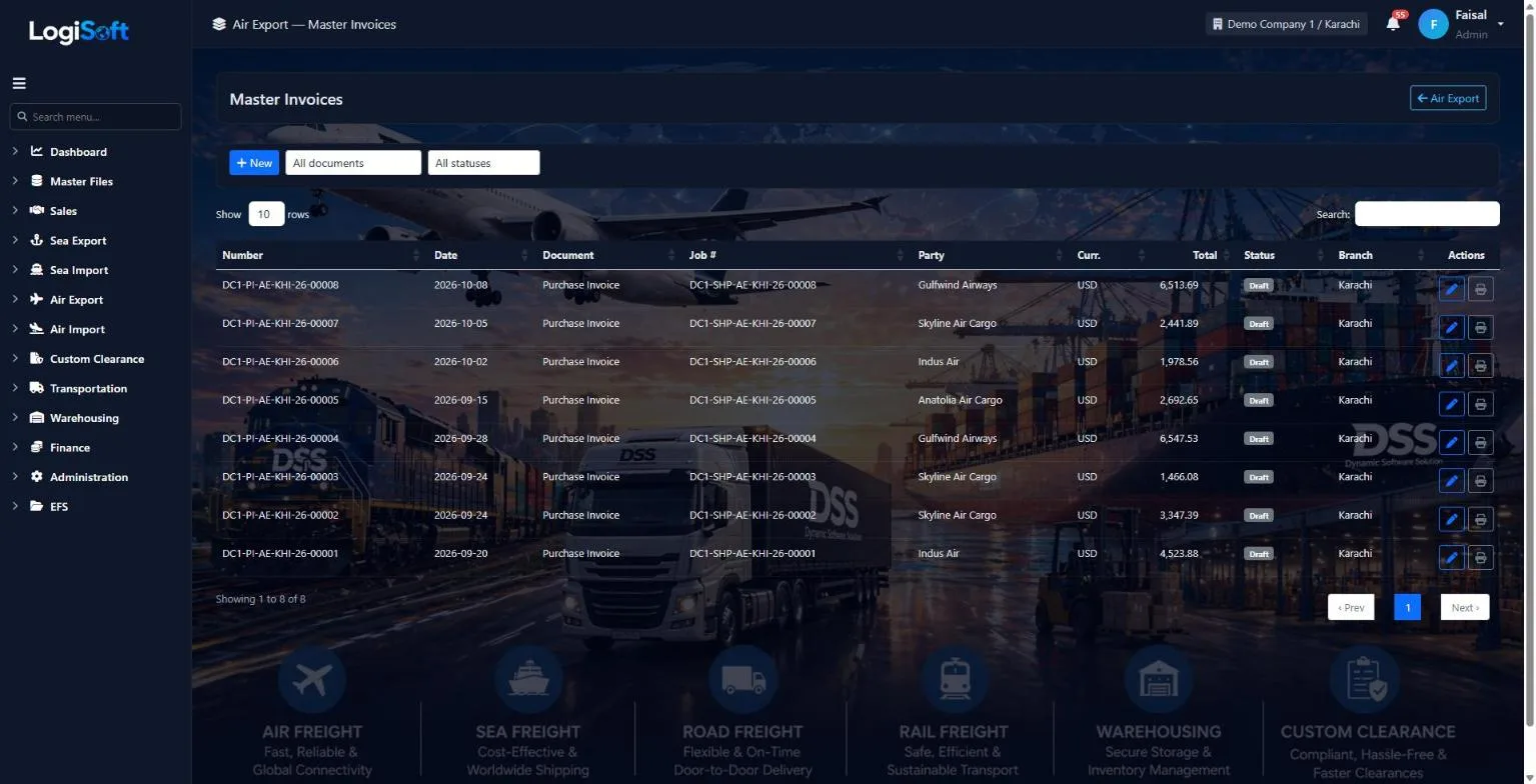 LogiSoft Air Export master invoices