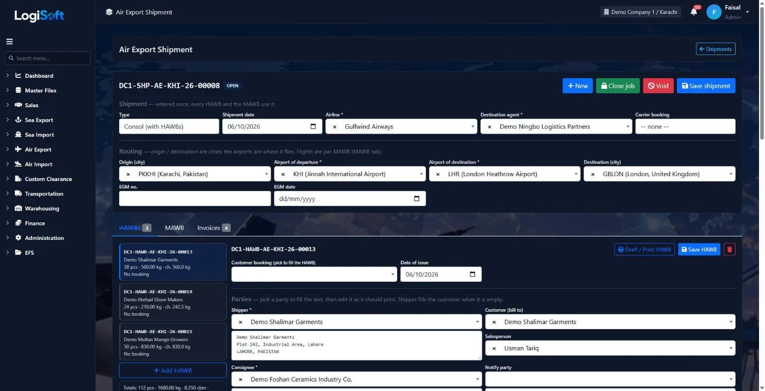 LogiSoft Air Export shipment with three HAWBs and the shipper and consignee details