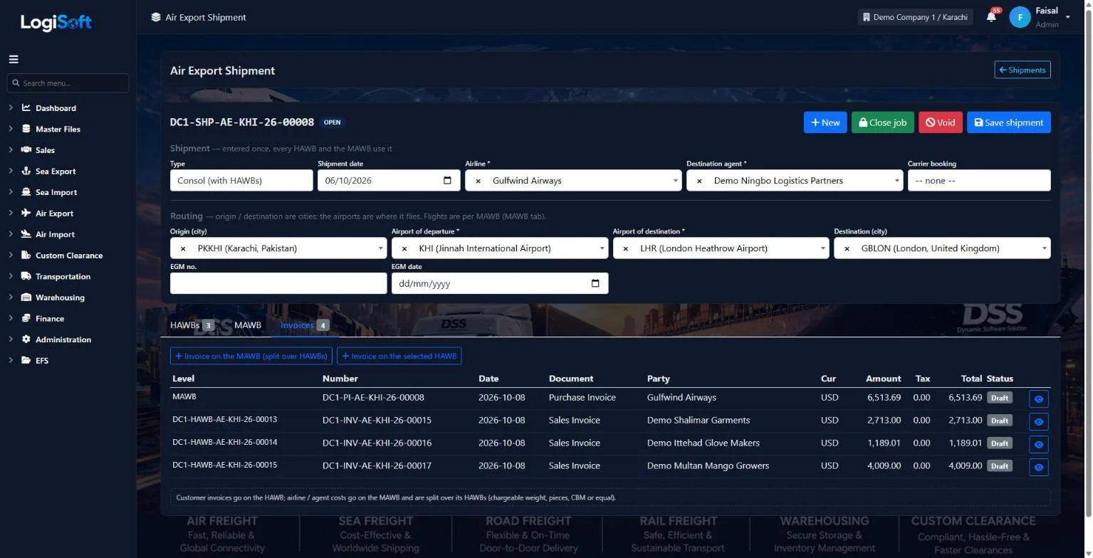 LogiSoft Air Export shipment invoices tab with the MAWB purchase invoice and HAWB sales invoices