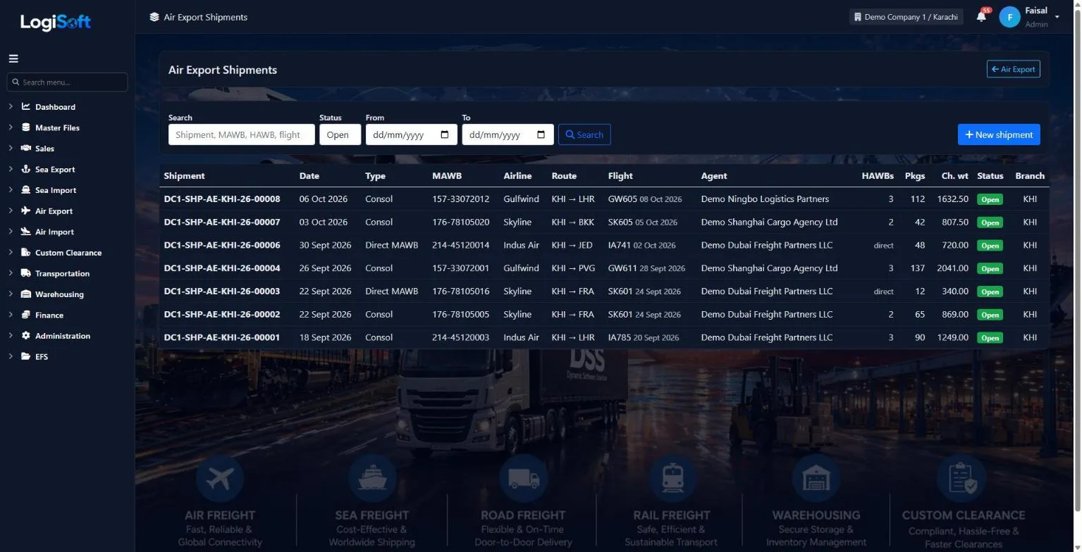 LogiSoft Air Export shipments list with MAWB, airline, route, flight, HAWBs and chargeable weight