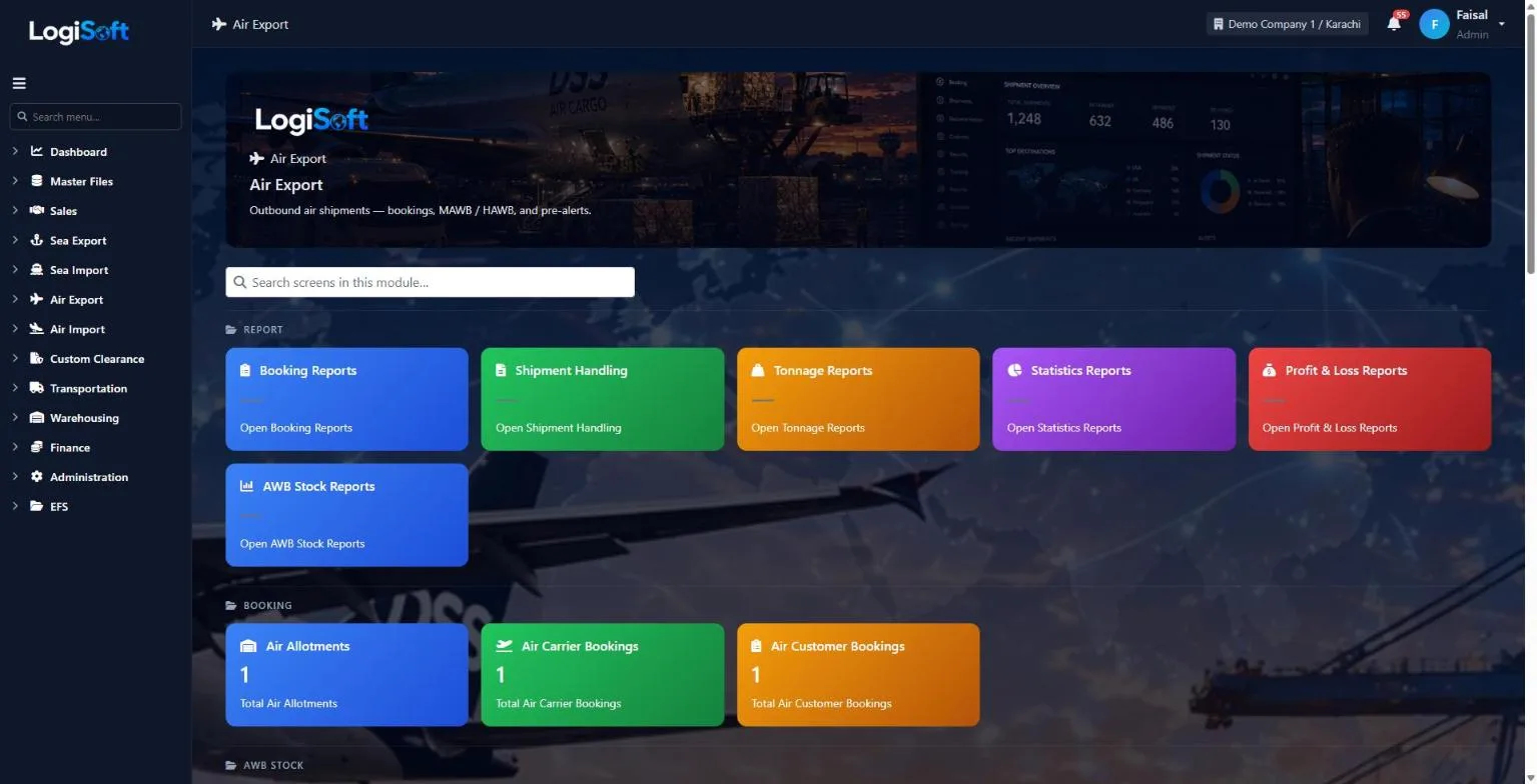 LogiSoft Air Export module dashboard