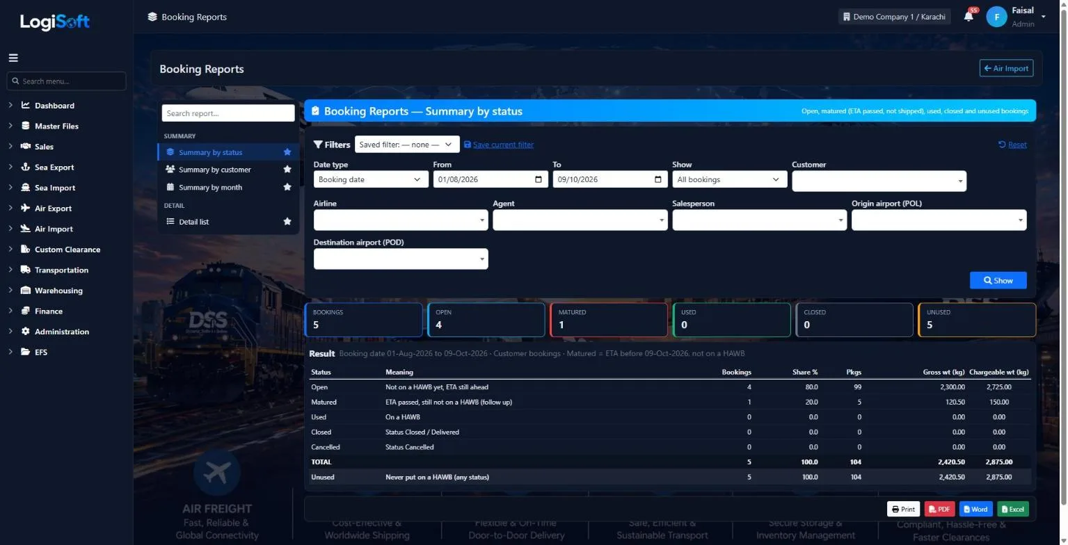 LogiSoft Air Import booking reports