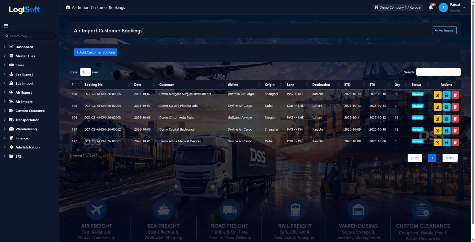 LogiSoft Air Import customer bookings with airline, route, ETD and ETA