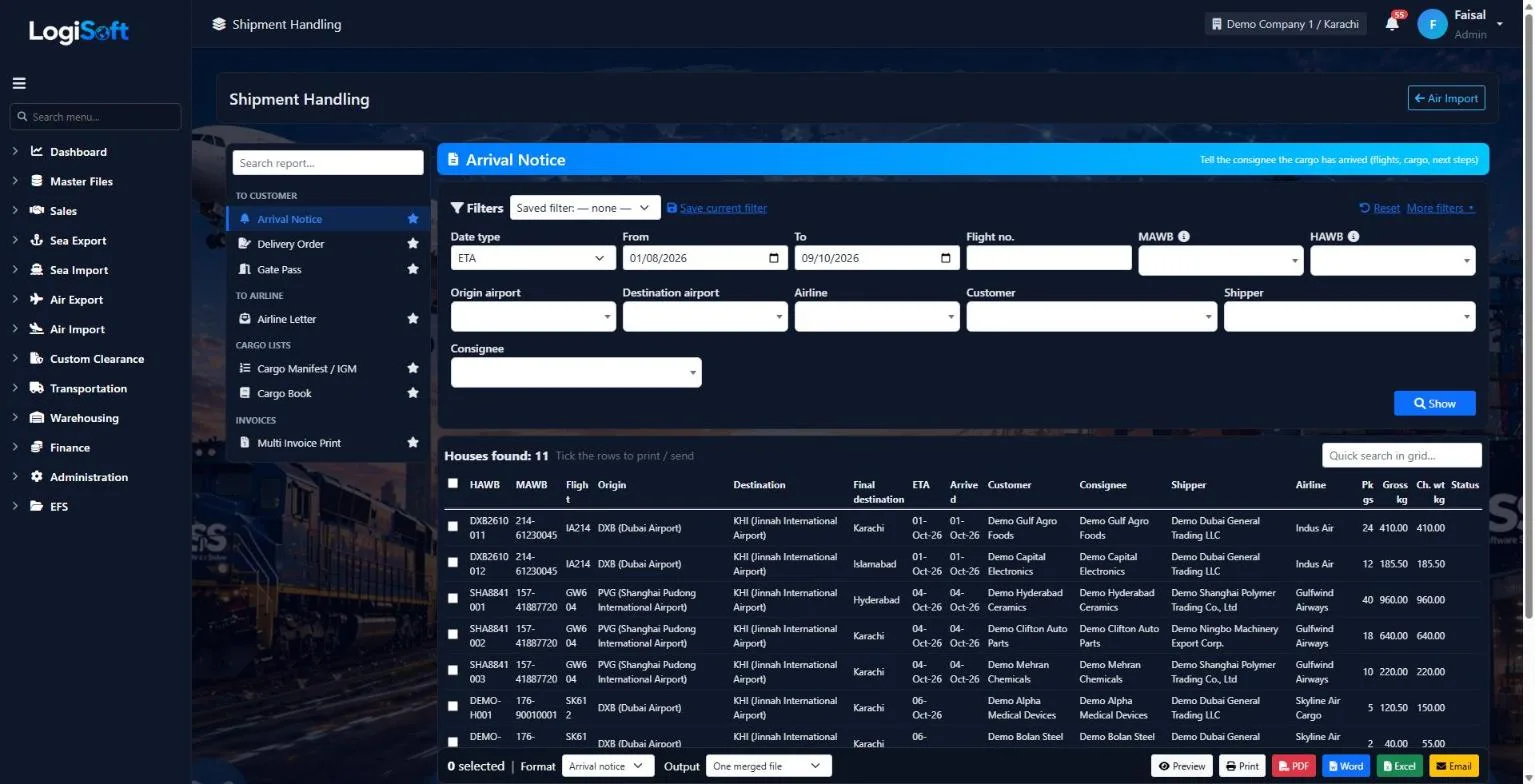 LogiSoft Air Import shipment handling with houses ready for arrival notices
