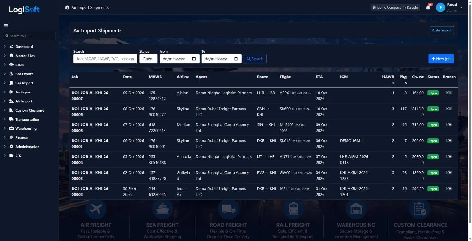 LogiSoft Air Import jobs with MAWB, airline, flight and IGM