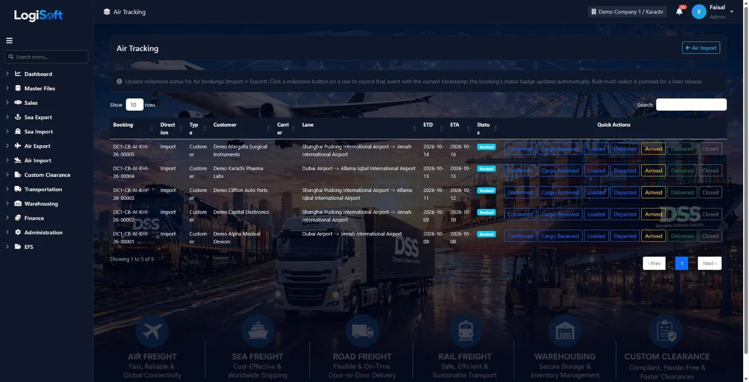 LogiSoft Air Import tracking milestones