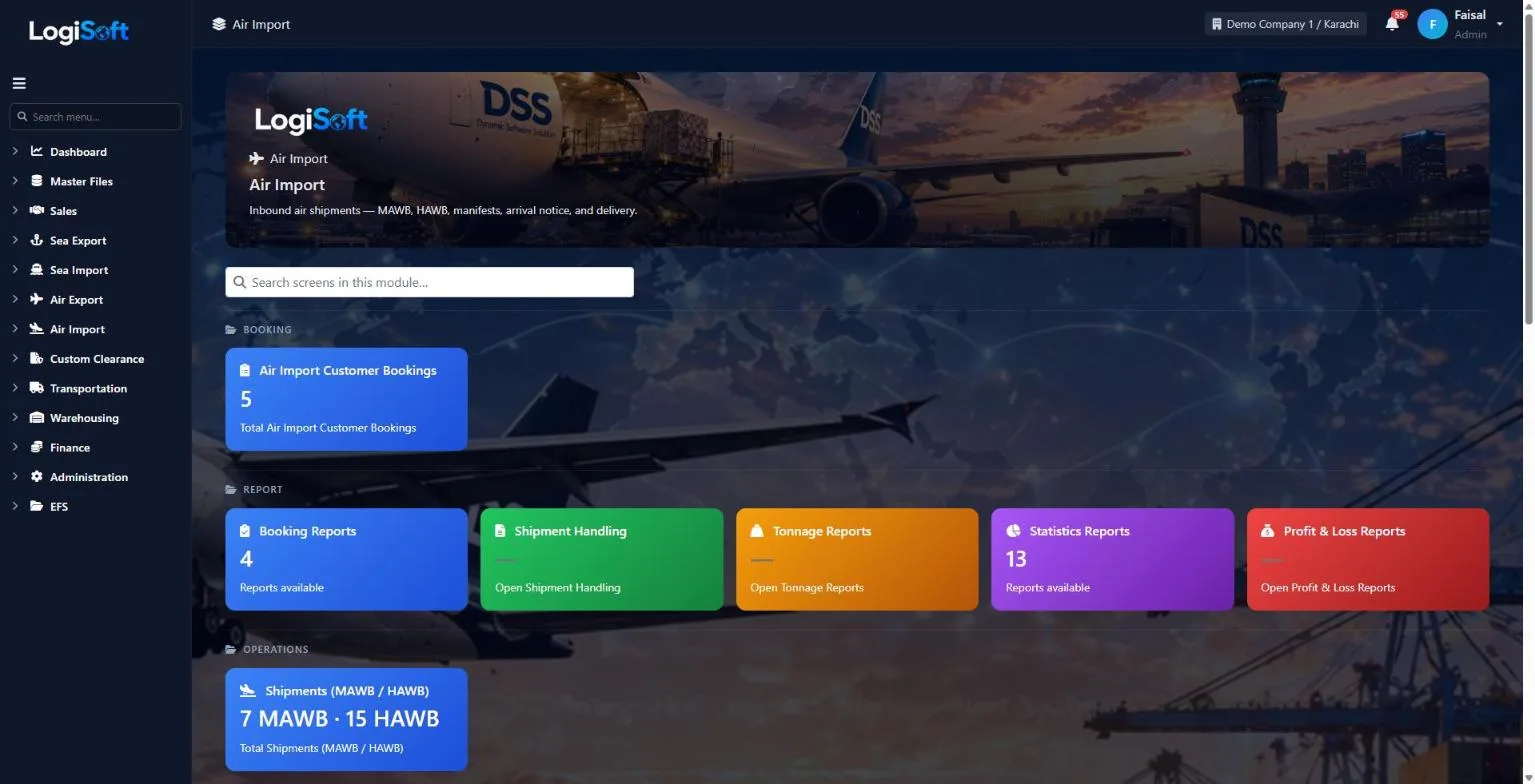 LogiSoft Air Import module dashboard