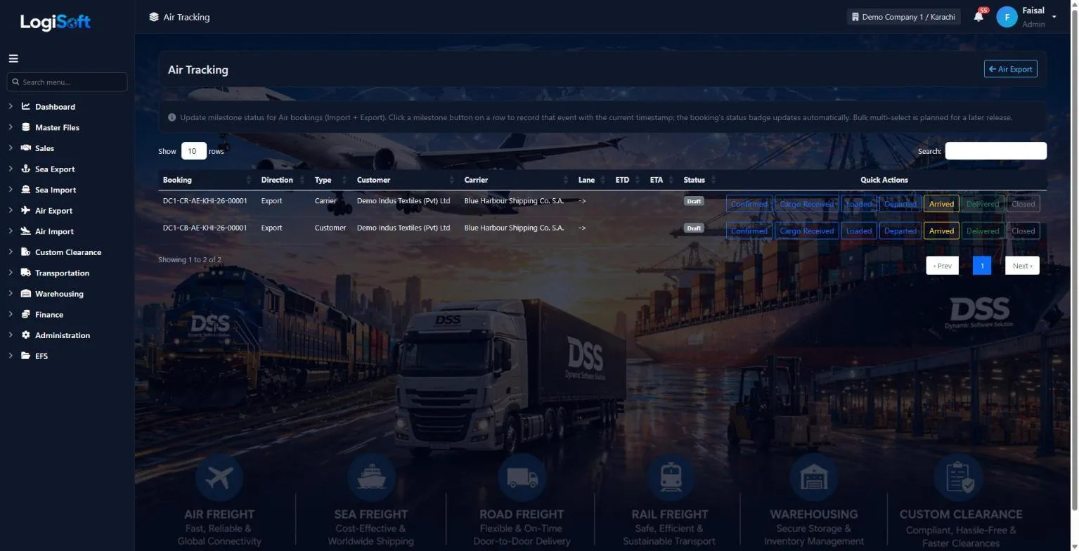 LogiSoft air tracking milestones