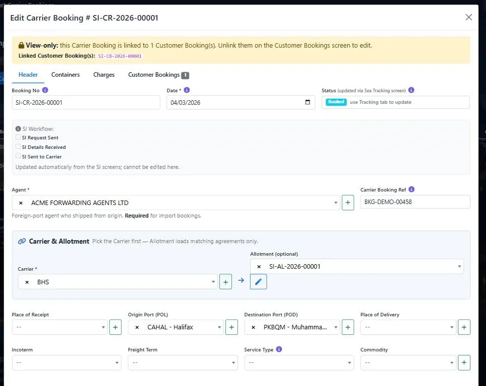 LogiSoft carrier booking form with agent, carrier, allotment and ports