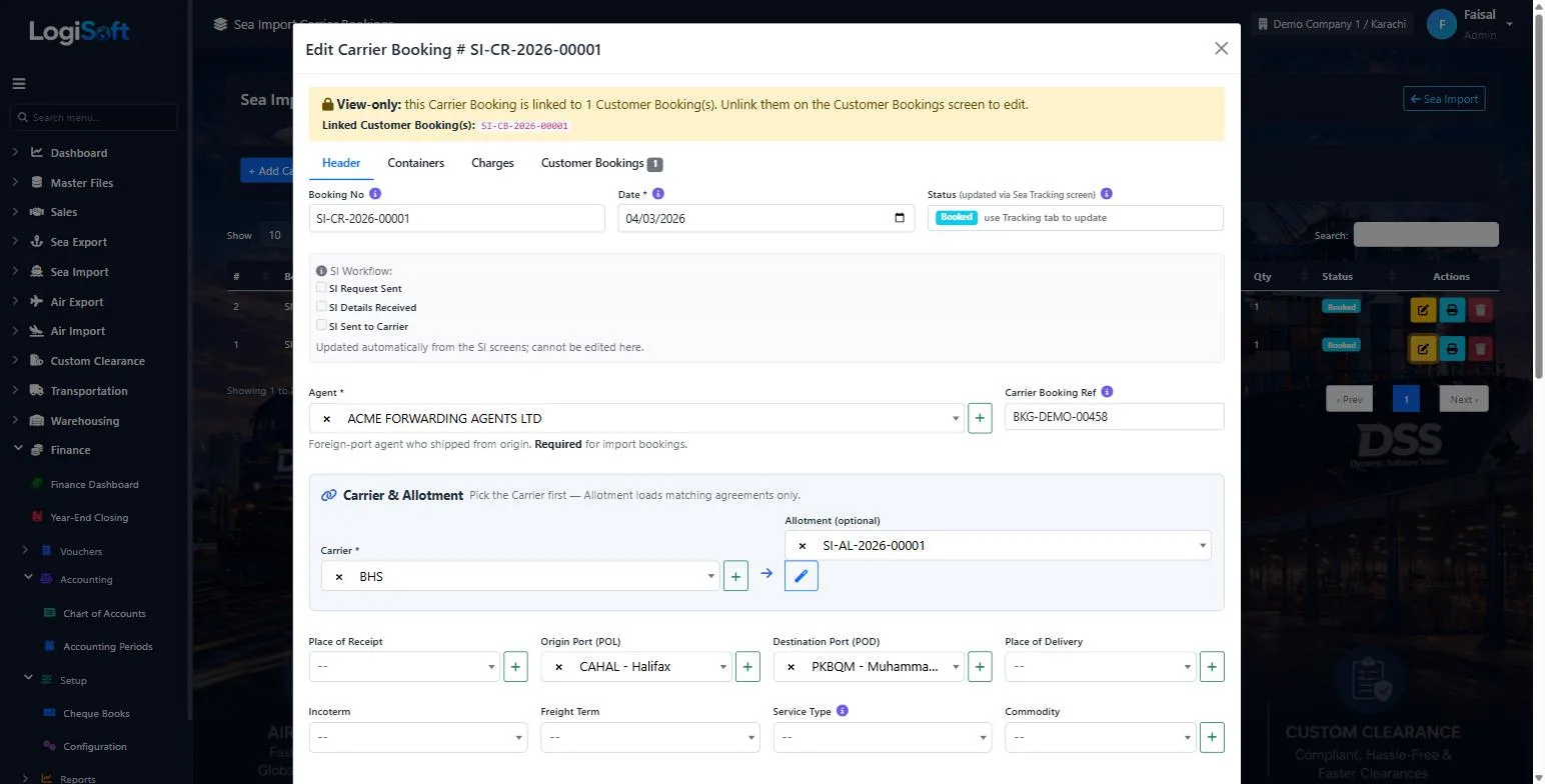 LogiSoft Bookings screen. A carrier booking with agent, carrier, allotment and ports, linked to the customer booking.