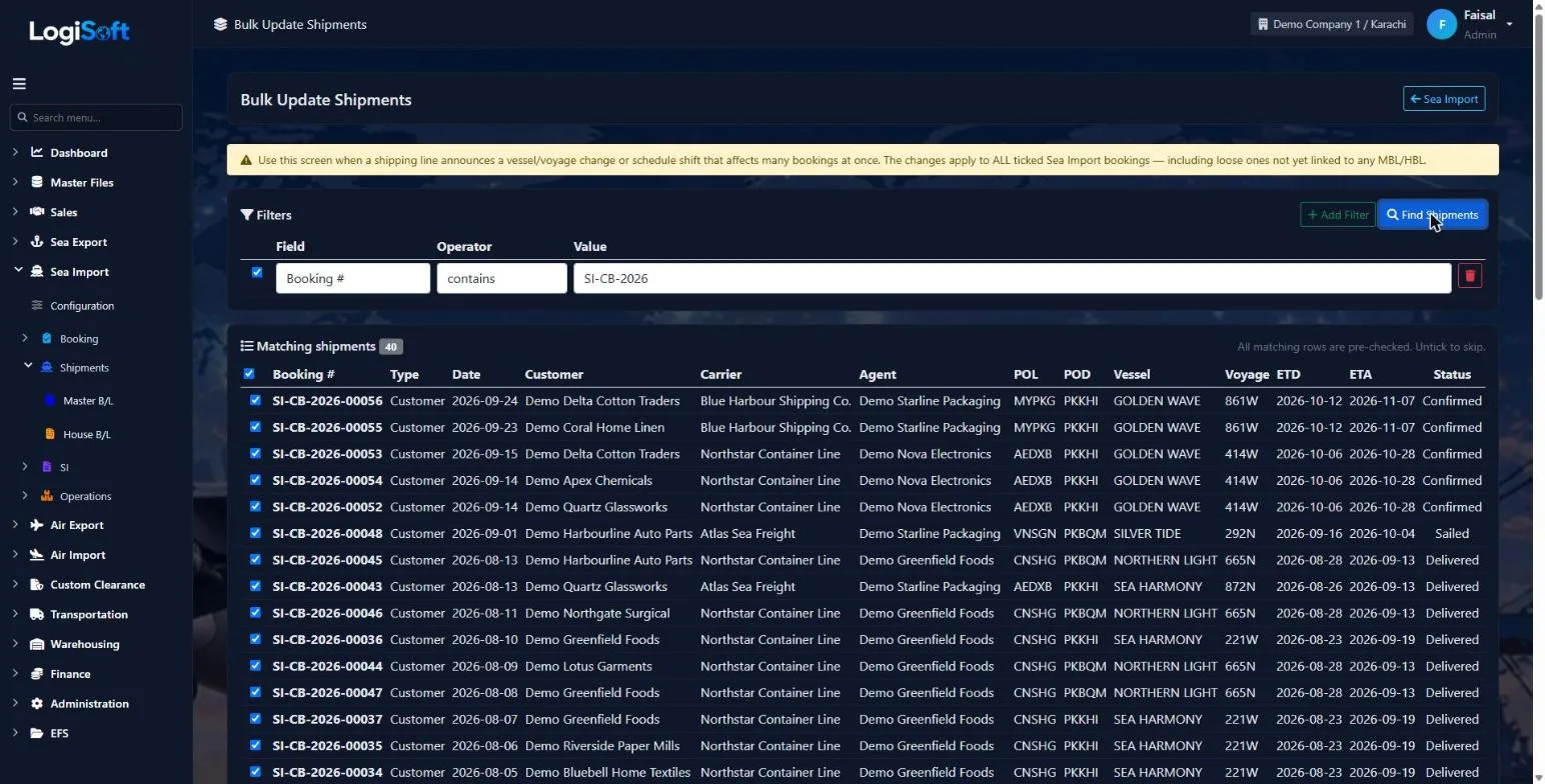 LogiSoft Bulk Update Shipments with filters and matching bookings