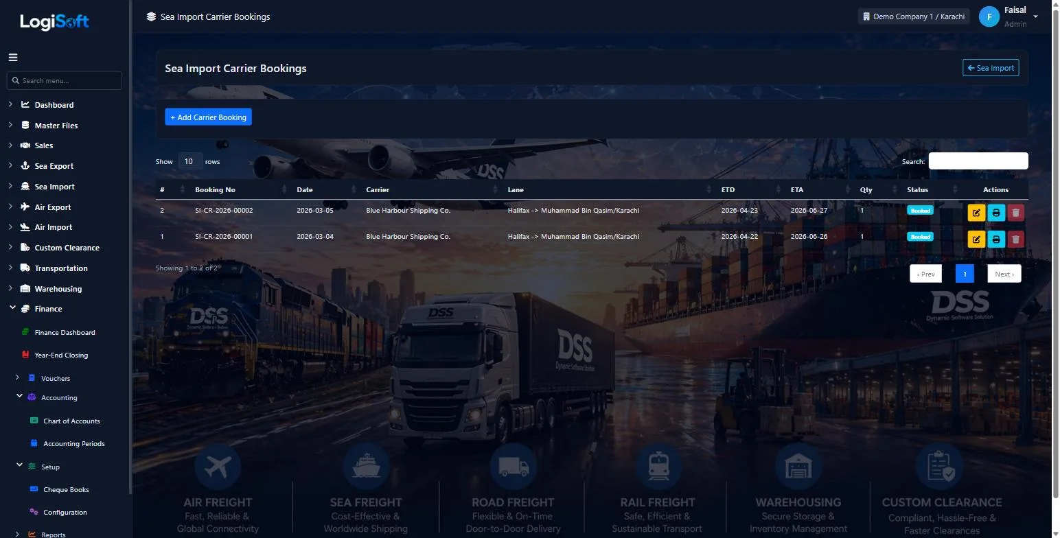 LogiSoft Sea Import carrier bookings