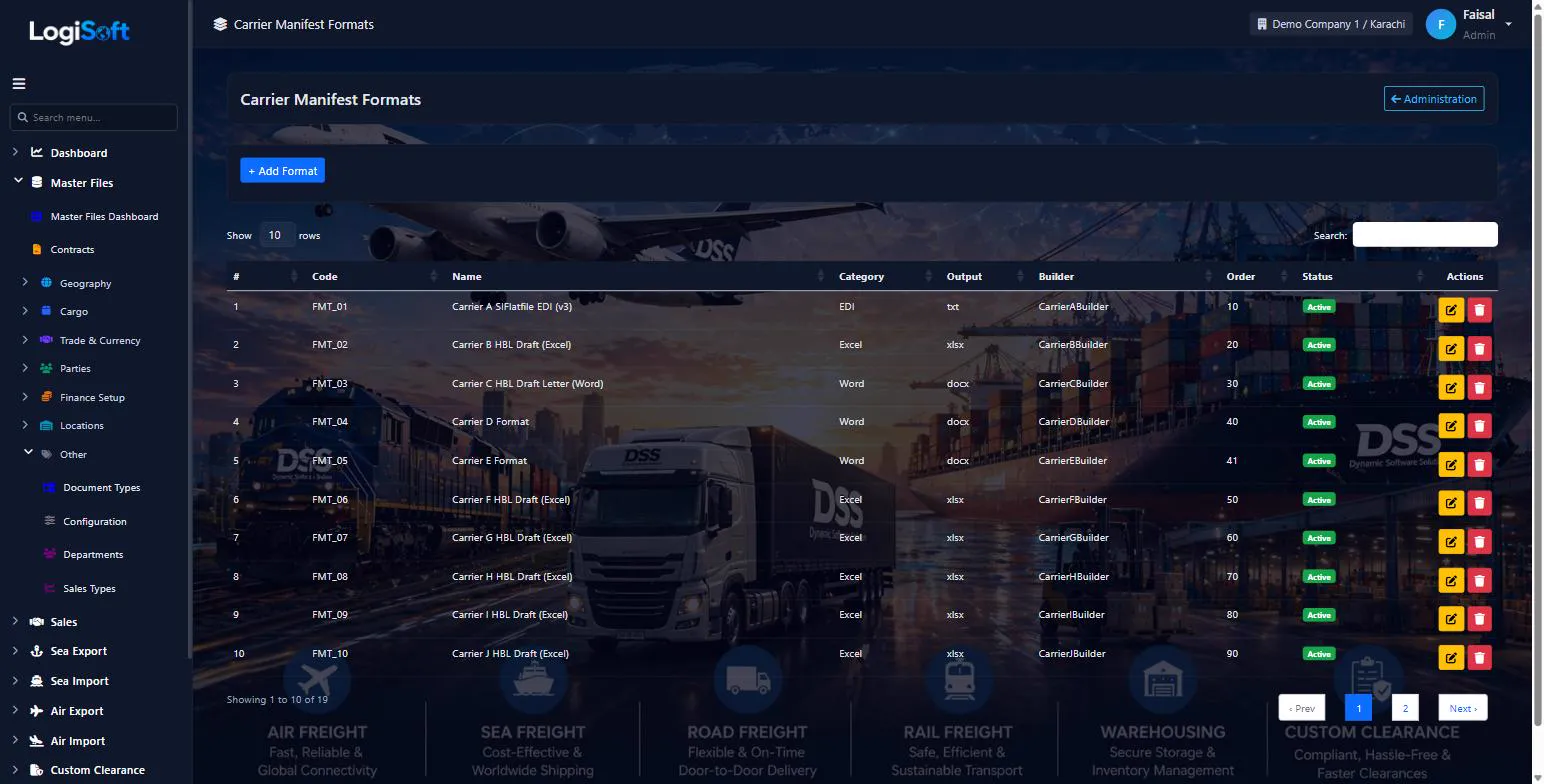 LogiSoft carrier manifest formats