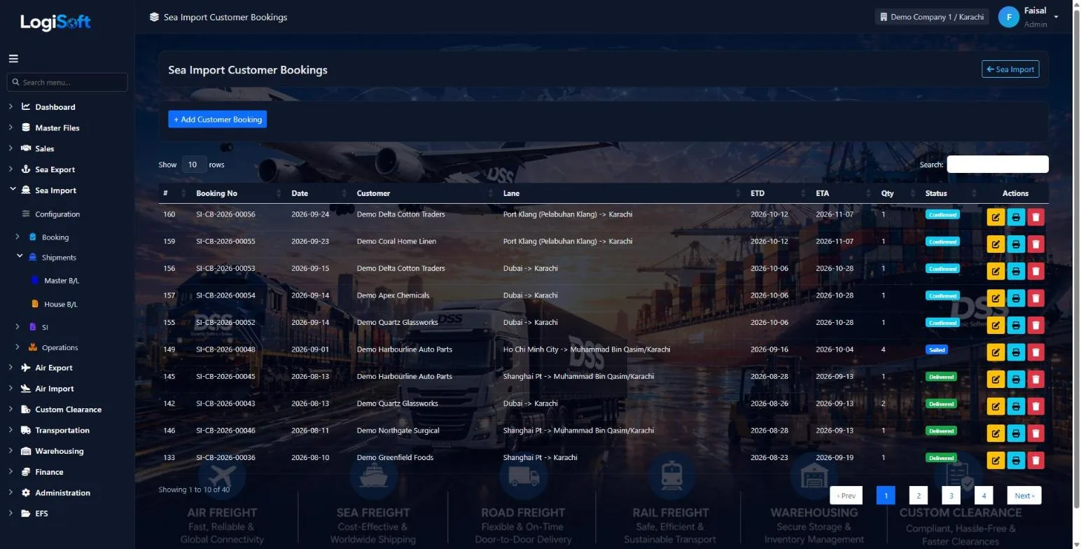 LogiSoft Sea Import customer bookings