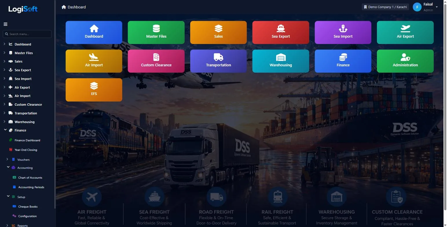 LogiSoft dashboard with a tile for each module