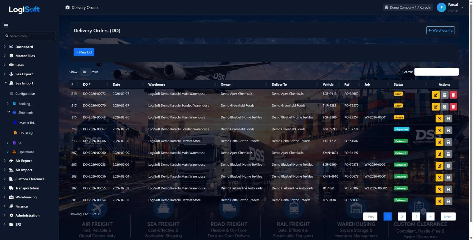 LogiSoft delivery orders with status from draft to delivered