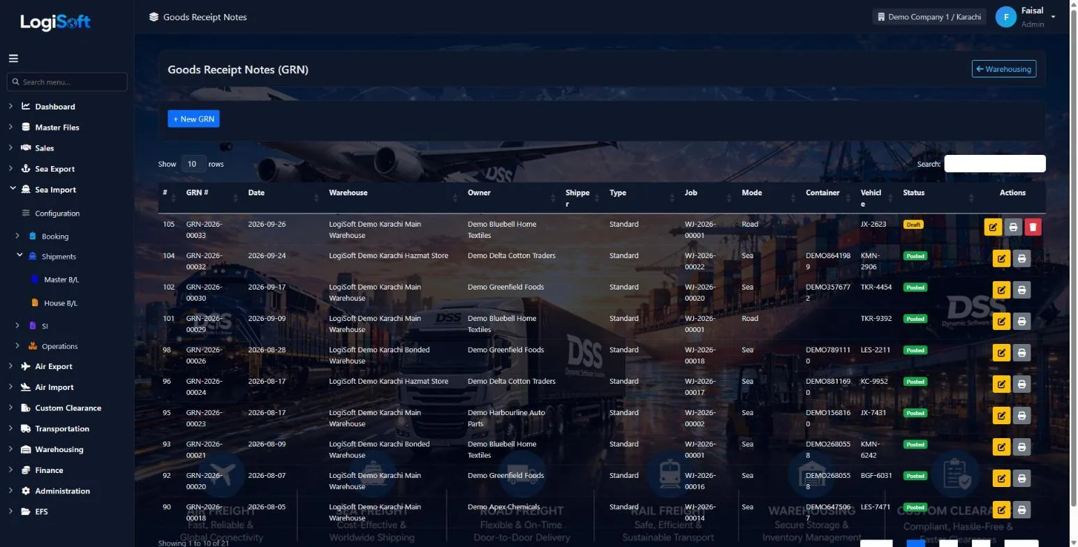 LogiSoft goods receipt notes with warehouse, owner, mode, container and status