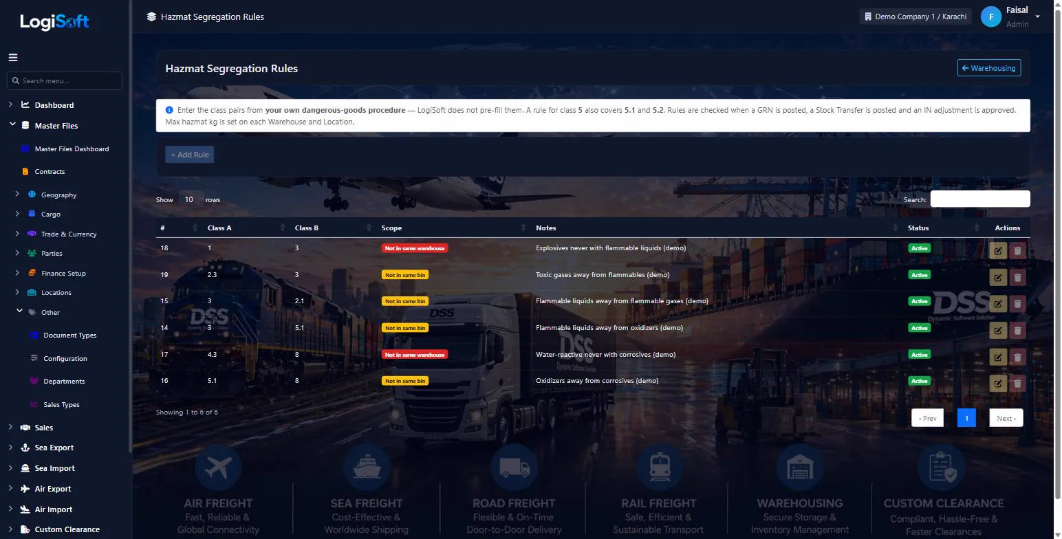 LogiSoft hazmat segregation rules