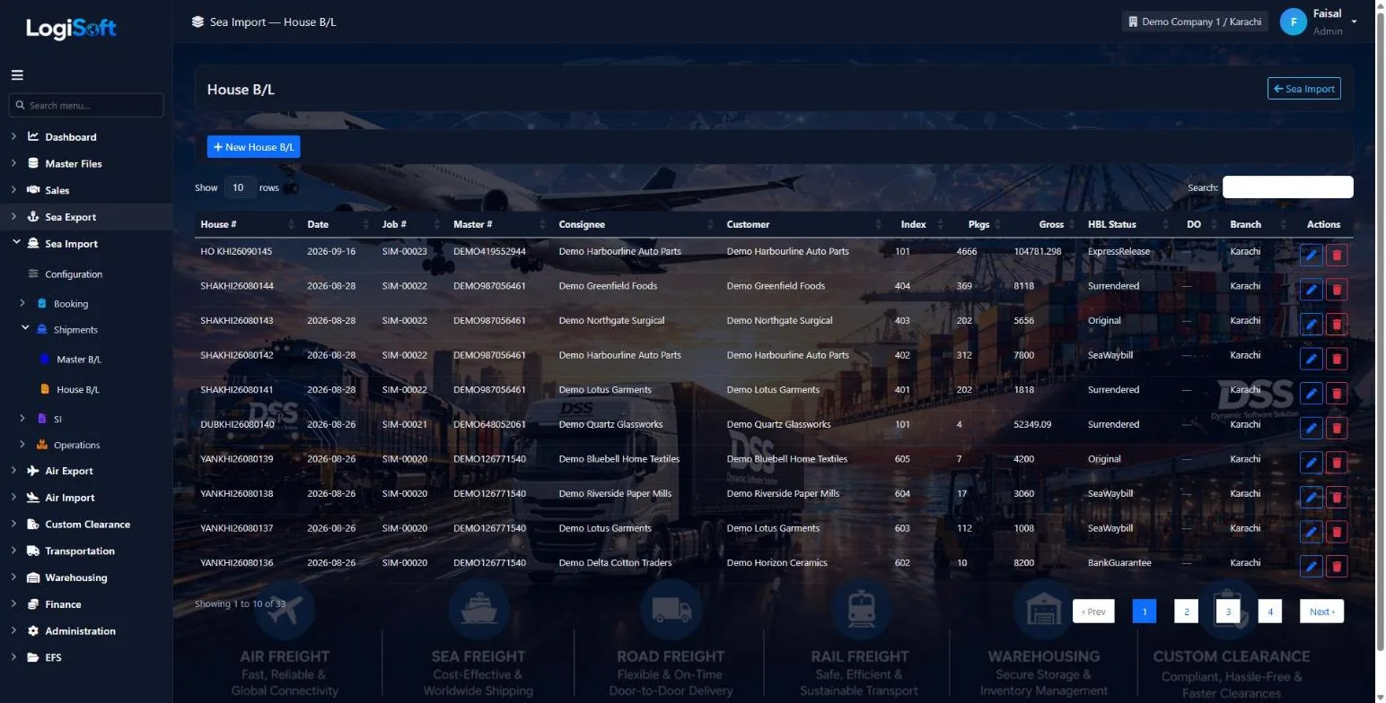 LogiSoft House B/L list