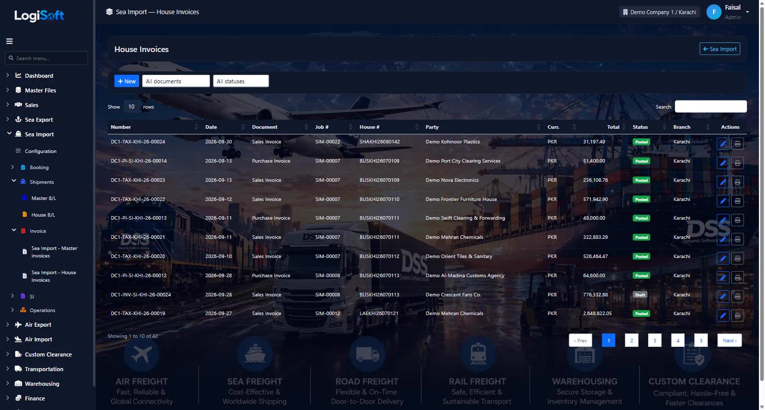 LogiSoft Sea Import house invoices list with sales and purchase invoices