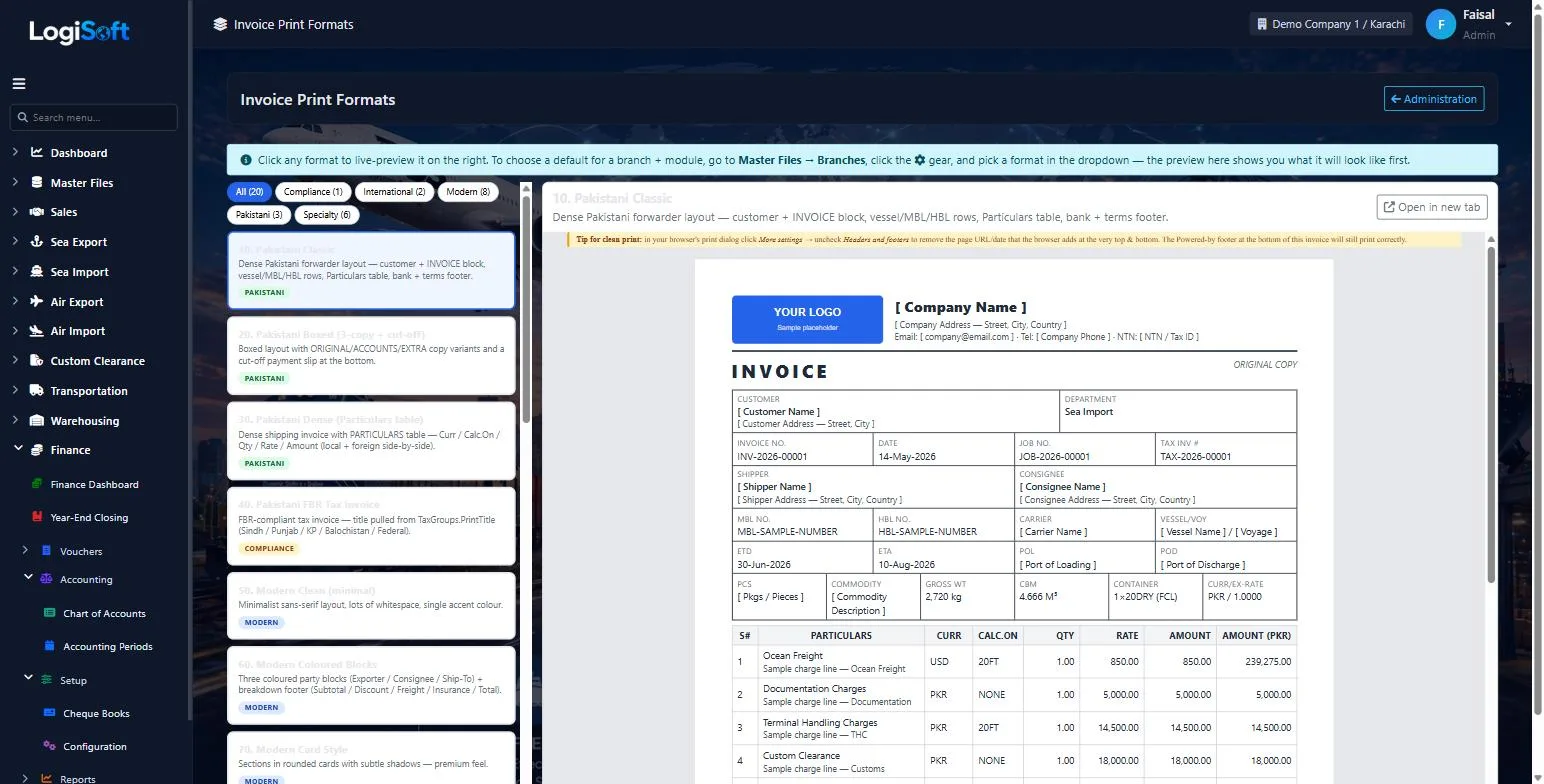 LogiSoft invoice print formats