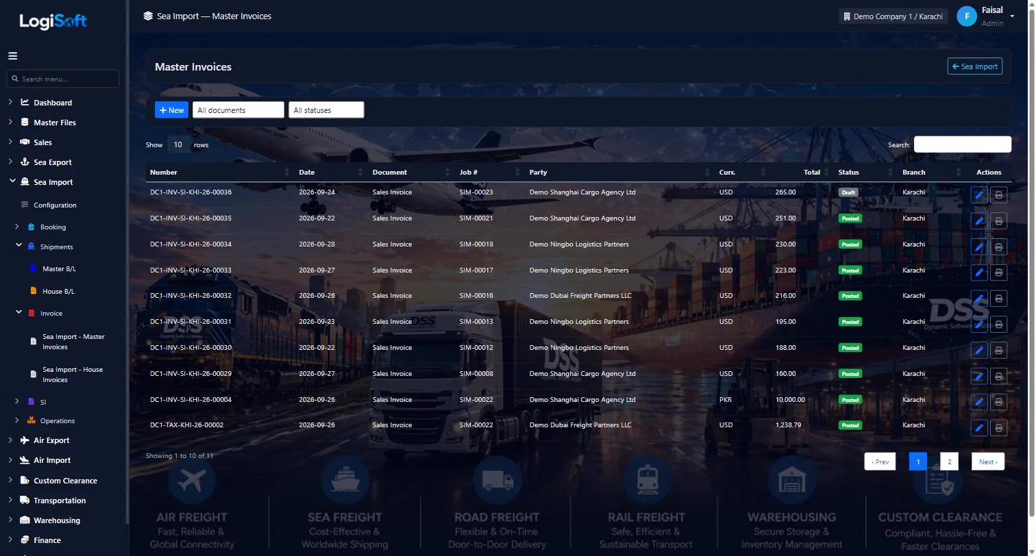 LogiSoft Sea Import master invoices