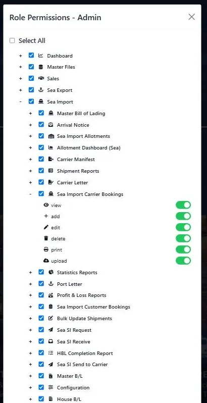 LogiSoft role permissions tree with rights per screen