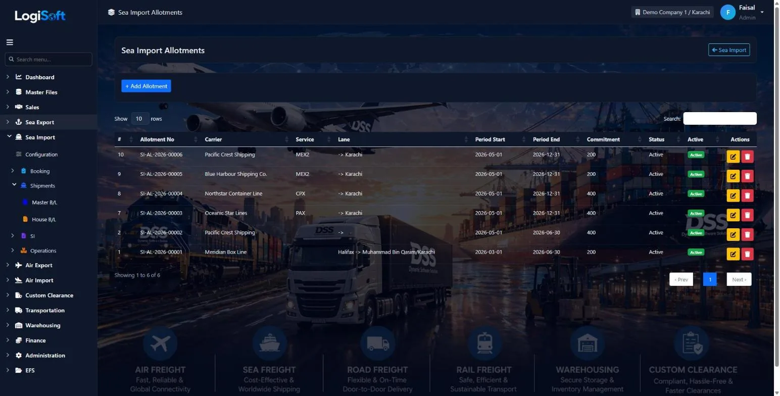 LogiSoft Sea Import allotments with carrier, service, lane, period and commitment