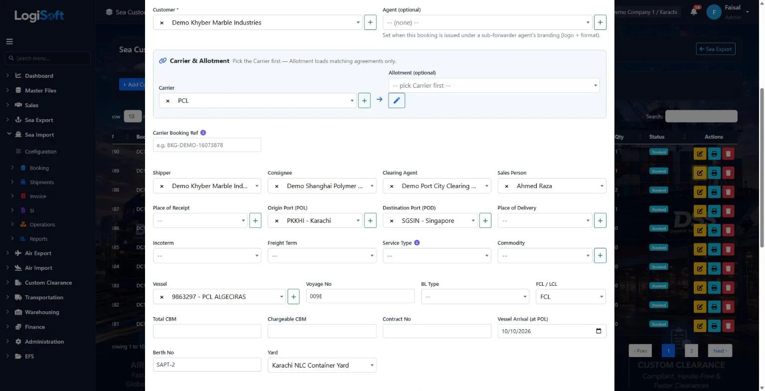 LogiSoft Sea Export customer booking form with carrier, vessel and loading program fields