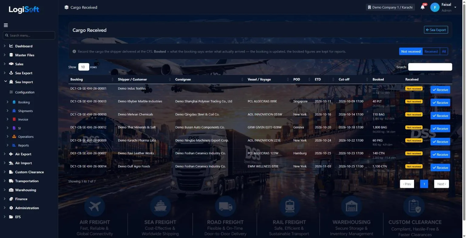 LogiSoft Sea Export cargo received list with booked figures and Receive buttons