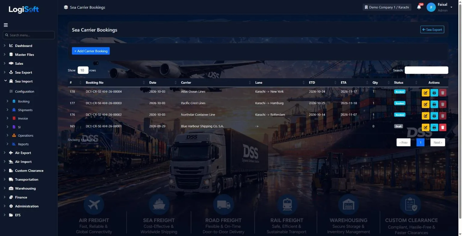 LogiSoft Sea Export carrier bookings