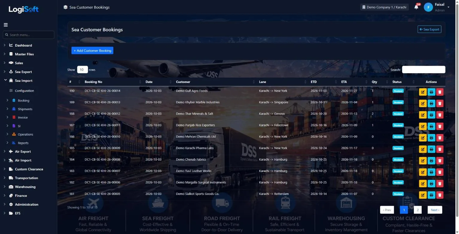 LogiSoft Sea Export customer bookings