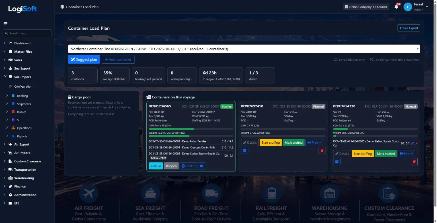 LogiSoft Container Load Plan board with containers, fill bars and stuffing status