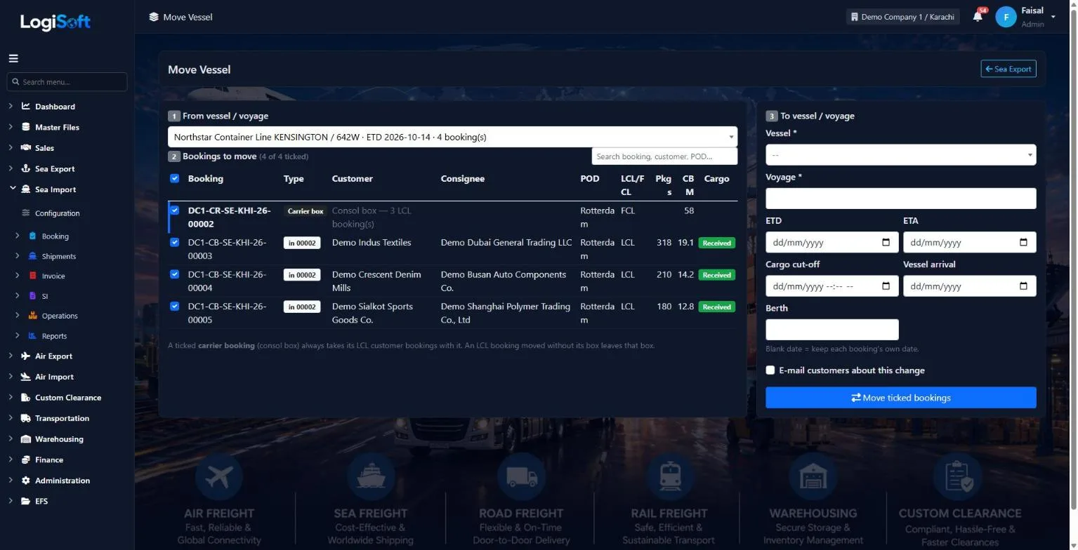 LogiSoft Move Vessel screen with bookings ticked to move to a new vessel and voyage