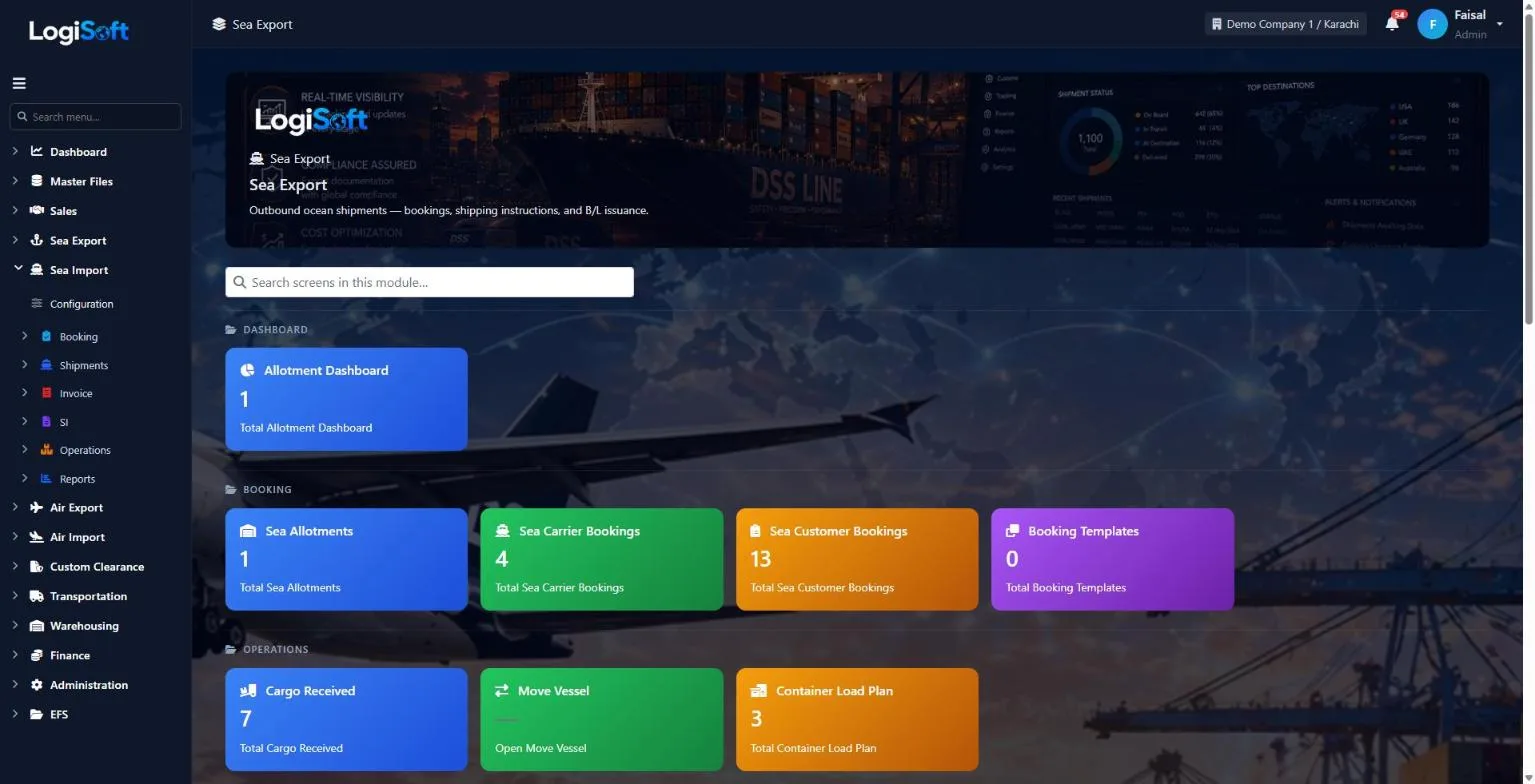 LogiSoft Sea Export module dashboard