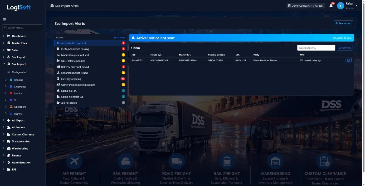 LogiSoft Sea Import alerts with counts per alert and the shipments behind each one