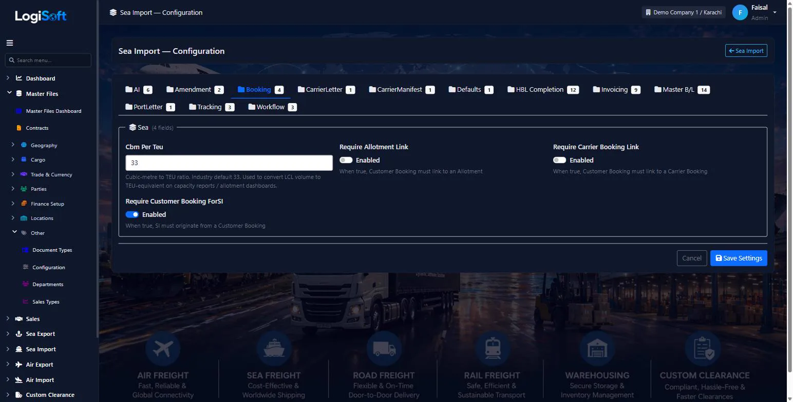 LogiSoft sea Import configuration