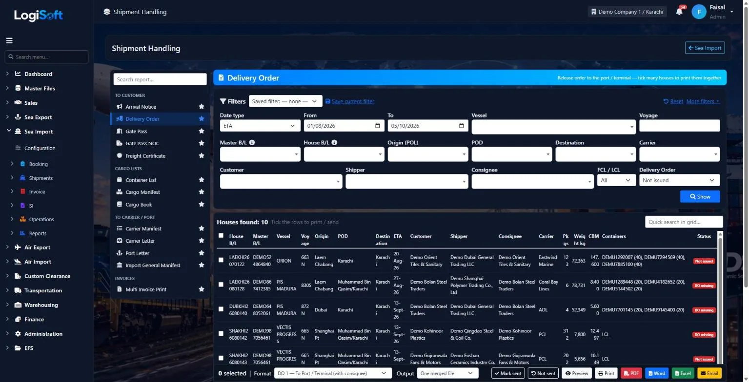 LogiSoft Shipment Handling screen with document list, filters and ticked House B/Ls