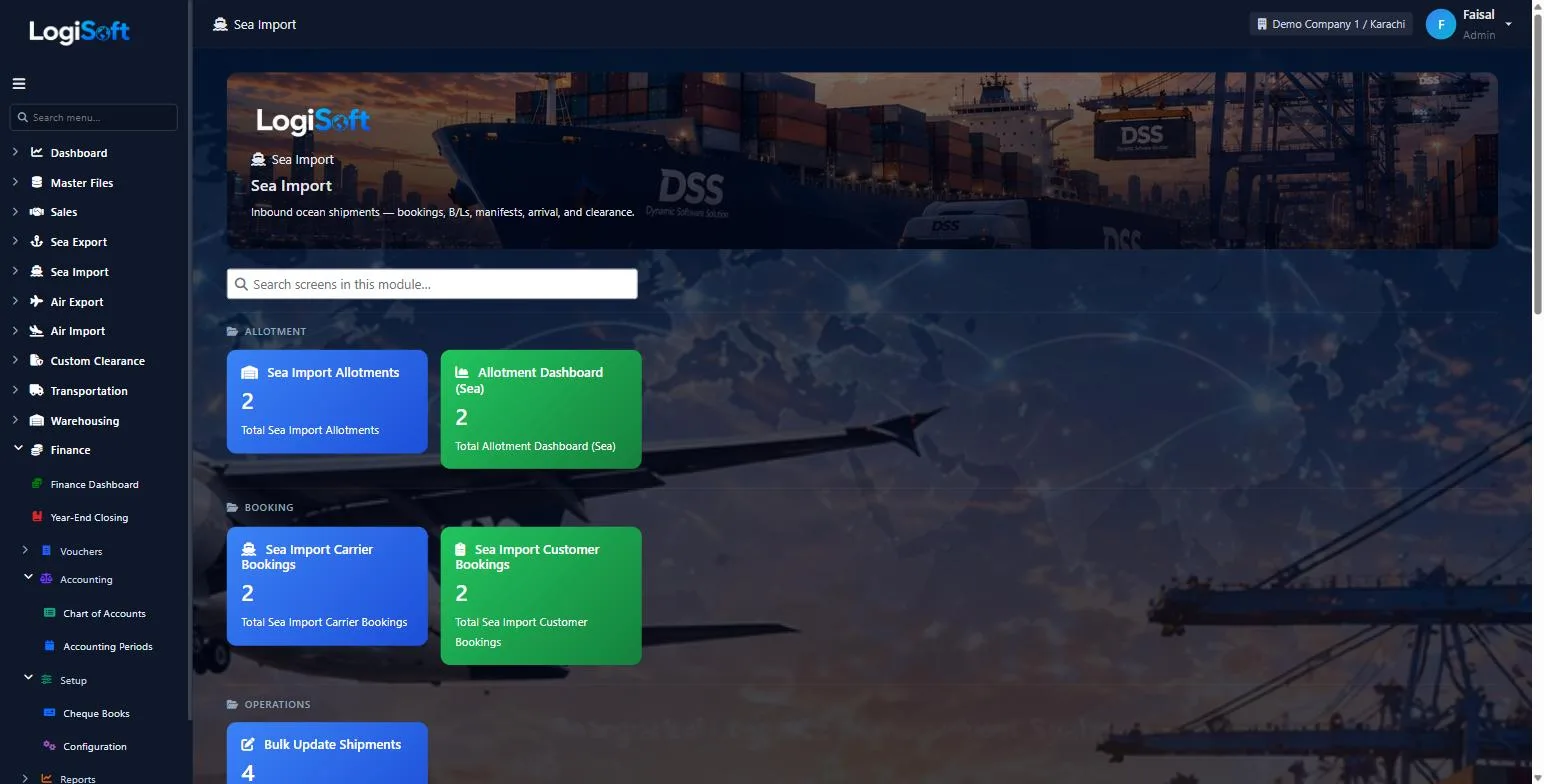 LogiSoft Sea Import module dashboard