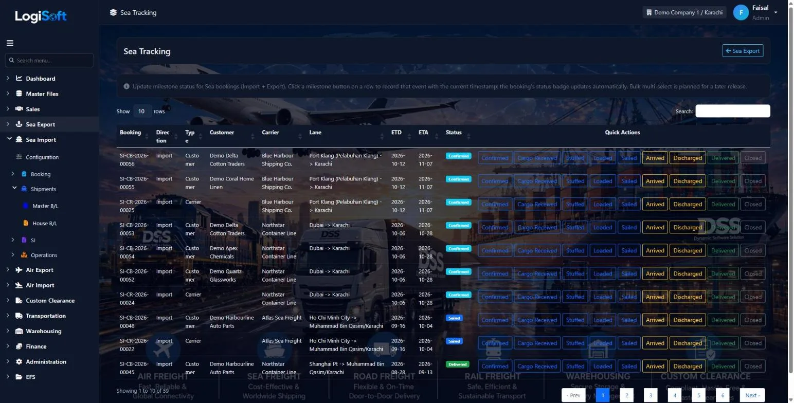 LogiSoft Tracking screen. One-click milestones for every booking, from confirmed to delivered.