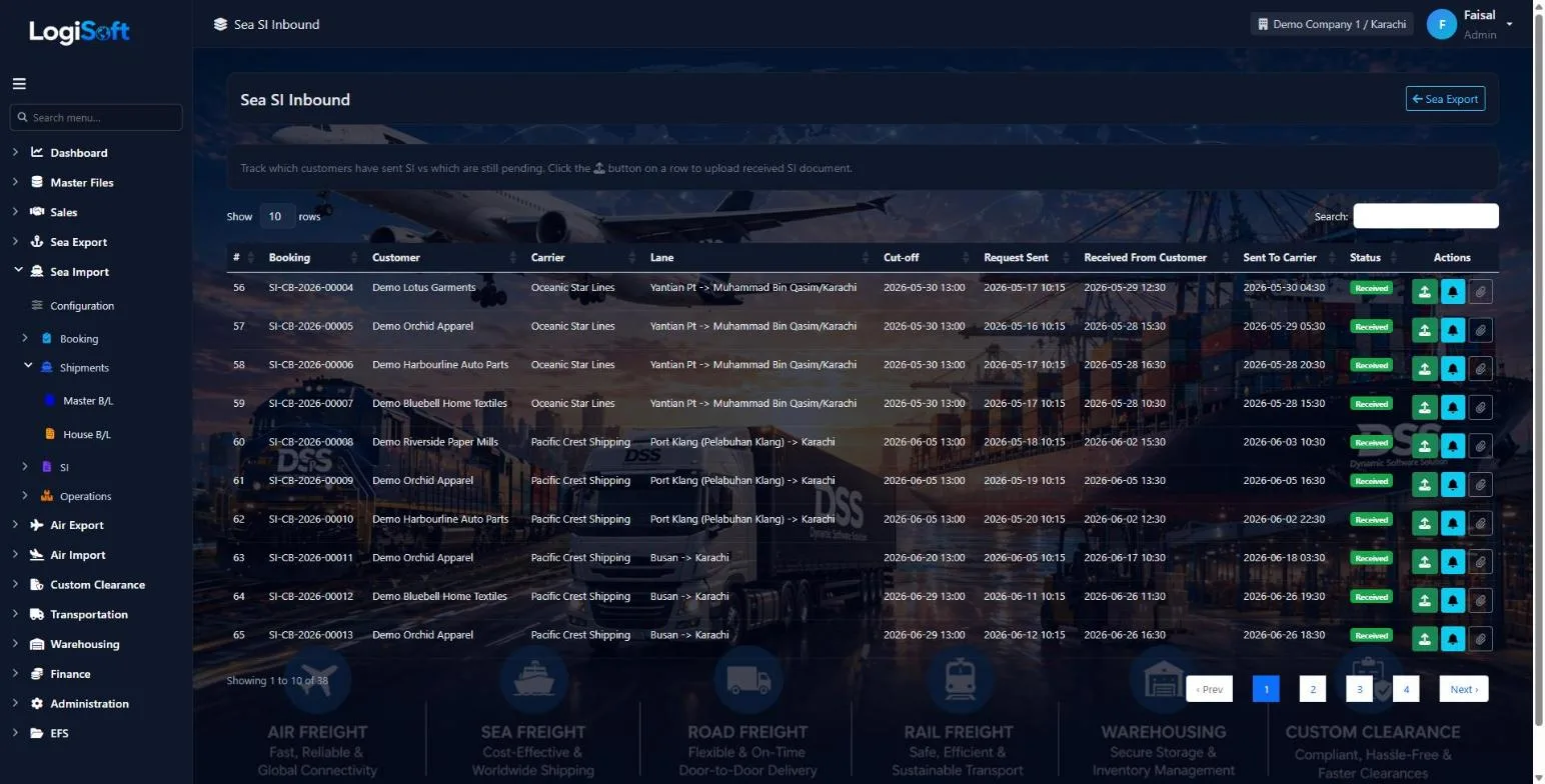 LogiSoft Sea SI screen with cut-off, request sent, received and sent-to-carrier times