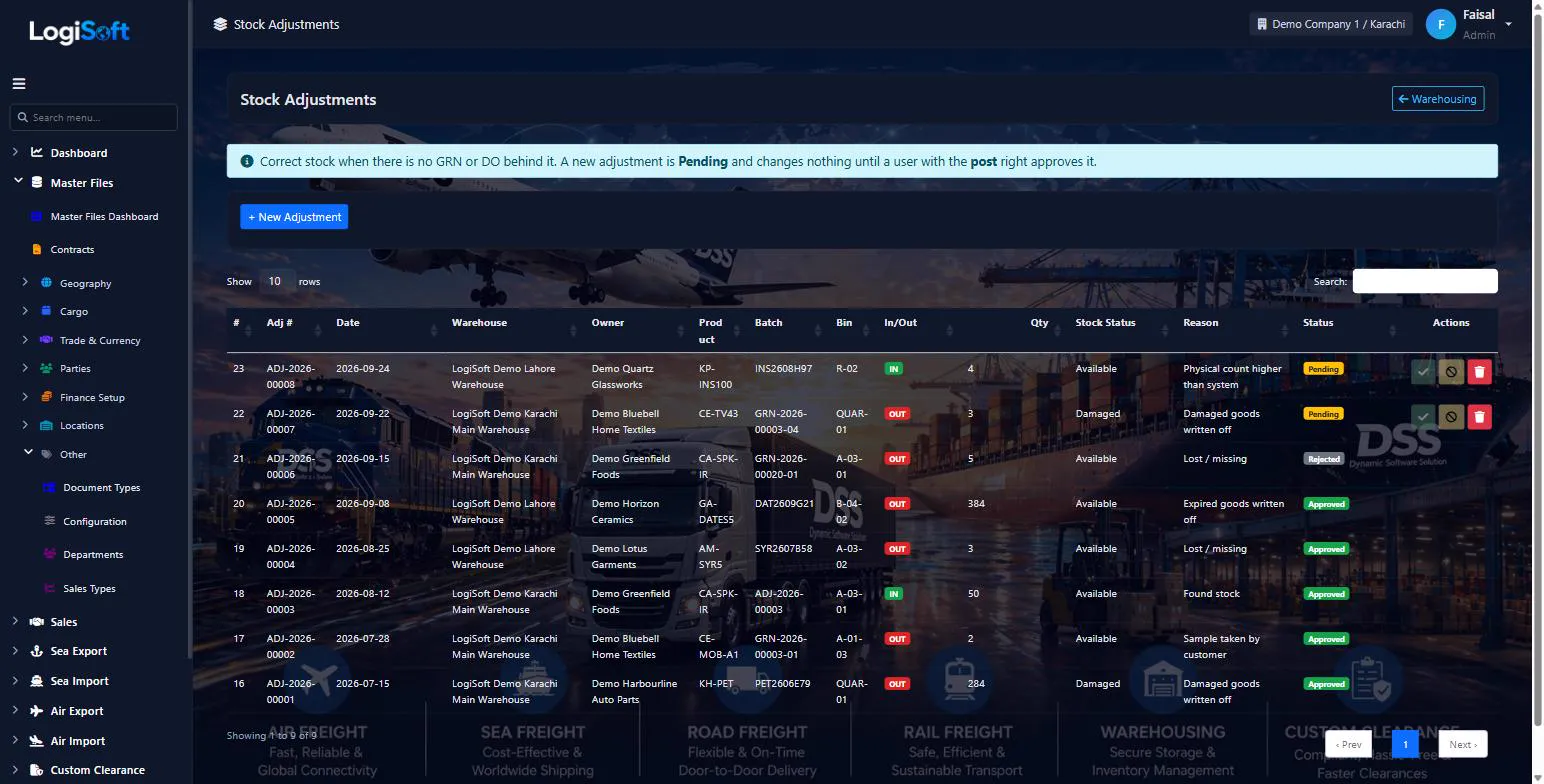 LogiSoft stock adjustments