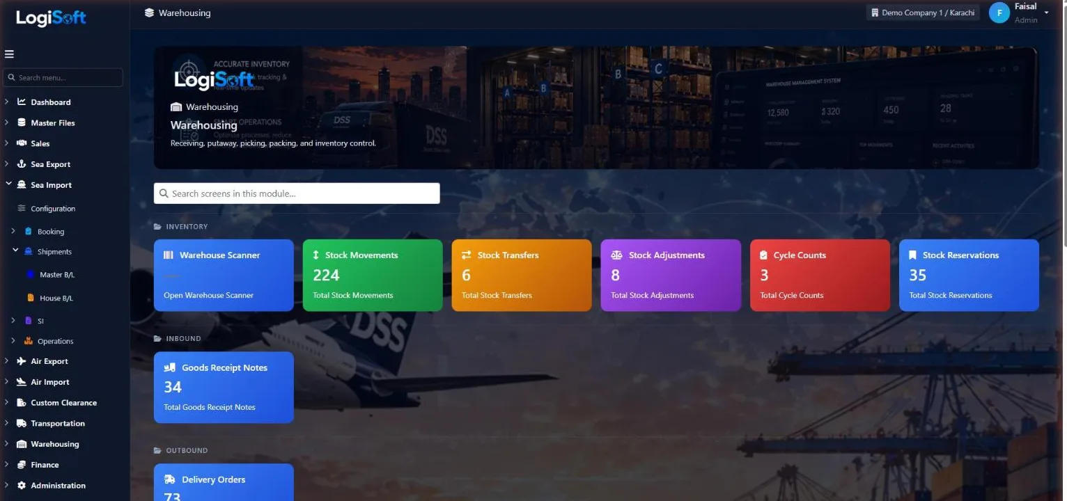 LogiSoft Warehousing module dashboard with stock movement, receipt and delivery counts